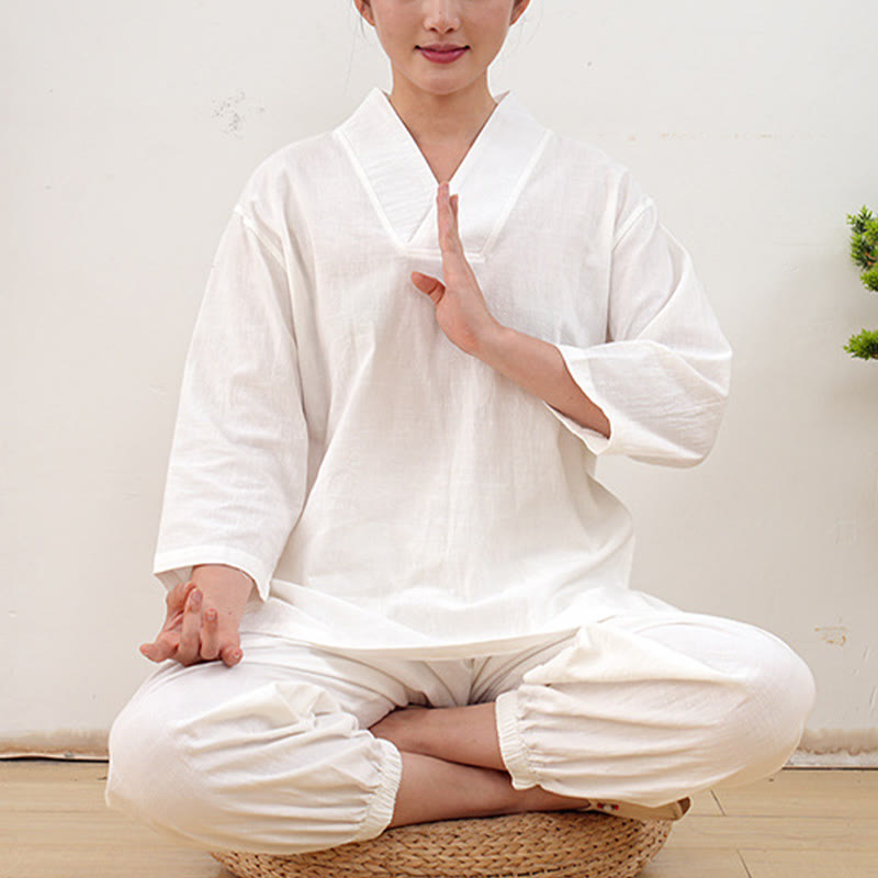 Buddha Stones 2Pcs V-Neck Three Quarter Sleeve Shirt Top Pants Meditation Zen Tai Chi Cotton Linen Clothing Women's Set