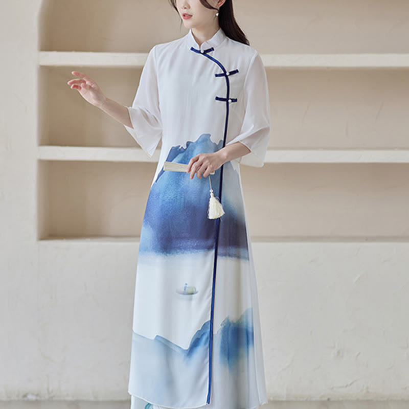 Buddha Stones Blue Landscape Painting Three Quarter Chinese Cheongsam Midi Dress