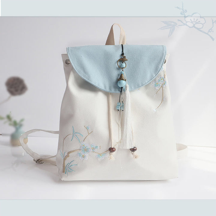 Buddha Stones Handmade Embroidered Large Capacity Canvas Backpack - Plum Blossom Bamboo - image 41