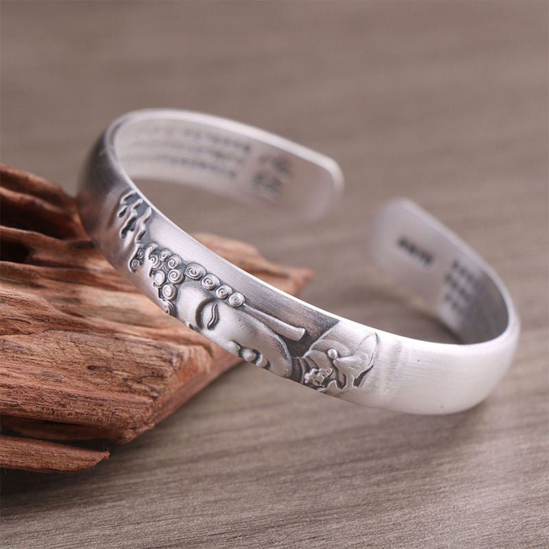 Buddha Stones 999 Sterling Silver Buddha Head Heart Sutra Serenity Bracelet Bangle - Buddha Symbol (Compassion ♥ Serenity) - image 1