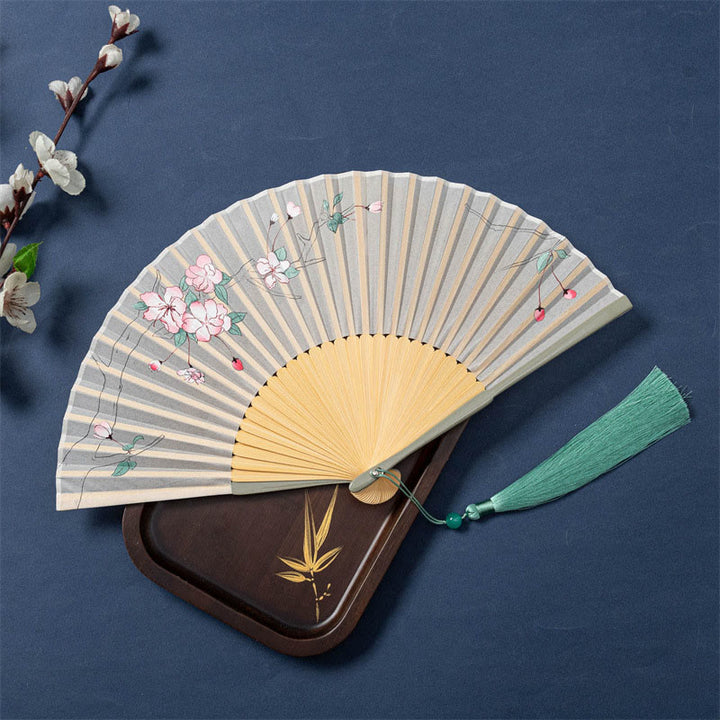 Buddha Stones Lotus Begonia Flower Jasmine Handheld Silk Bamboo Folding Fan 21cm