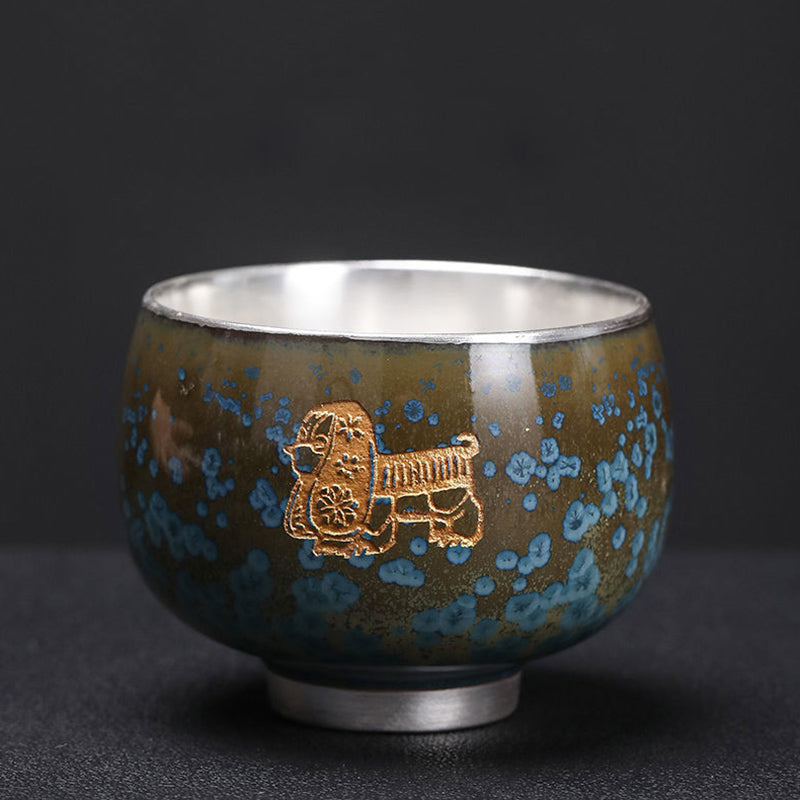 Buddha Stones 999 Gilt Silver Gilt Chinese Zodiac Ceramic Teacup Kung Fu Tea Cup 160ml