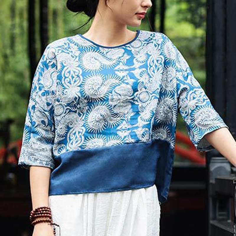 Buddha Stones Blue Flowers Three Quarter Sleeve Top Casual Tee T-shirt