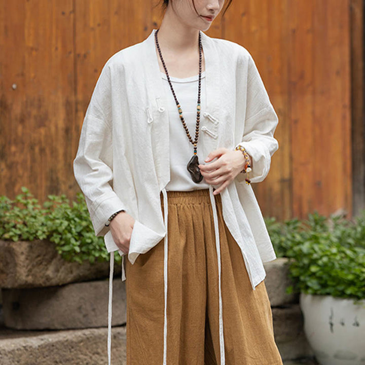 Buddha Stones Frog-Button Hanfu Design Shirt Top Ramie Linen Jacket