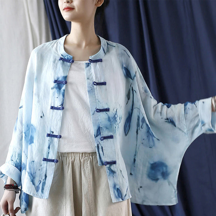 Buddha Stones Tie Dye Blue Flowers Frog-Button Design Long Sleeve Ramie Linen Jacket Shirt