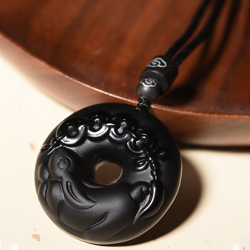 Buddha Stones Chinese Zodiac Natural Black Obsidian Peace Buckle Strength Necklace Pendant - image 5