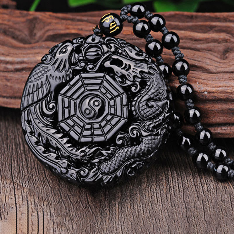 Buddha Stones Bagua Dragon Phoenix Obsidian Fulfilment Pendant Necklace - image 10