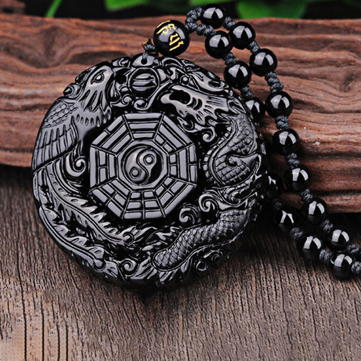 Buddha Stones Bagua Dragon Phoenix Obsidian Fulfilment Pendant Necklace - image 10