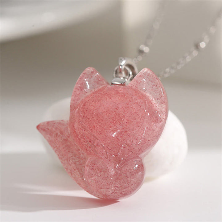 Buddha Stones 925 Sterling Silver Plated 14k Gold Strawberry Quartz Fox Healing Necklace Pendant - Strawberry Quartz&925 Sterling Silver - image 5
