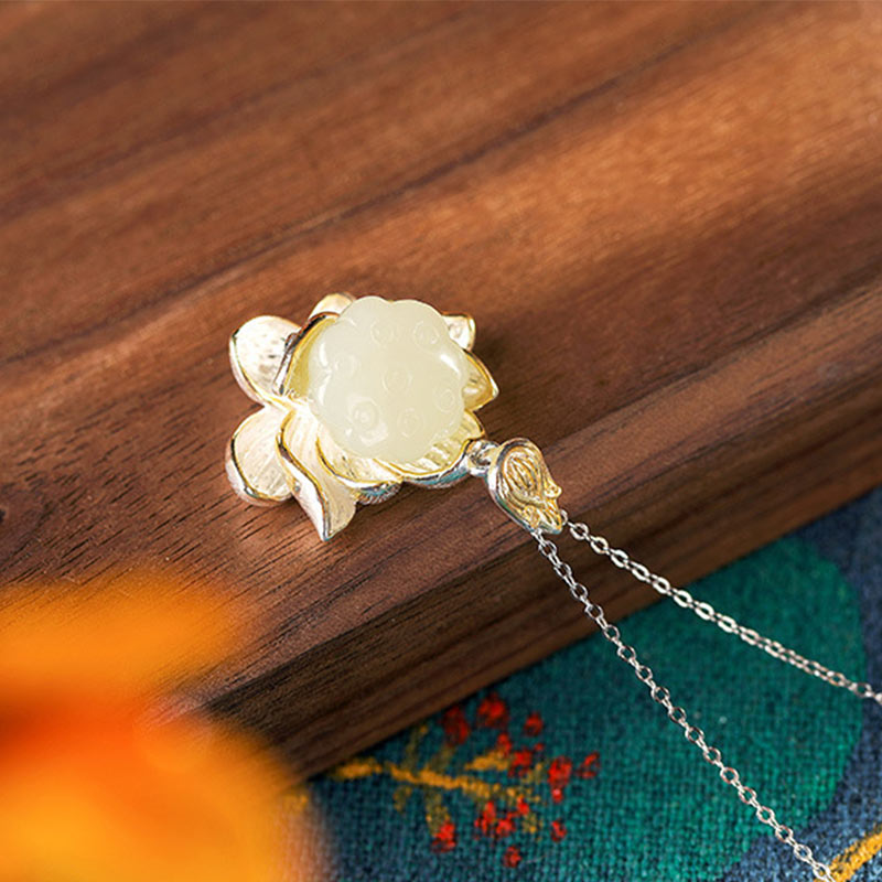 White Jade Lotus Flower Happiness Necklace - image 6
