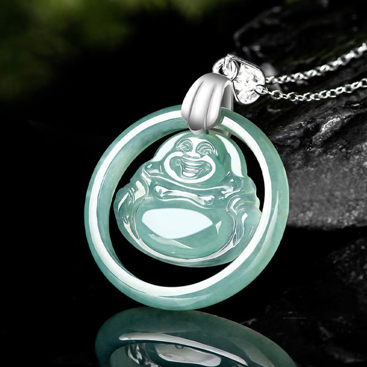 Buddha Stones Natural Jade Round Laughing Buddha Abundance Titanium Steel Chain Necklace Pendant - image 2