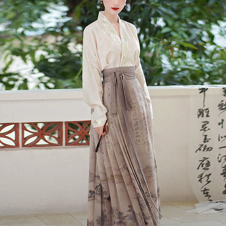 Buddha Stones V-Neck Long Sleeve Shirt Top Chinese Hanfu Ink Printing Landscape-Printed Horse Face Skirt Mamianqun