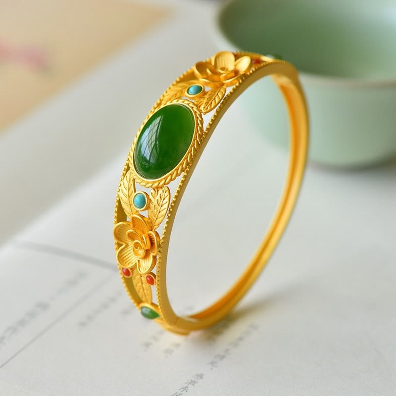 Buddha Stones Cyan Jade White Jade Flower Leaf Harmony Luck Bracelet Bangle - image 5