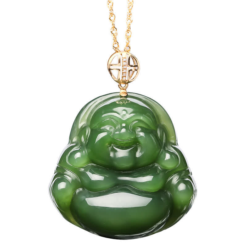 925 Sterling Silver Laughing Buddha Hetian Cyan Jade 18K Gold Success Necklace Chain Pendant - image 9