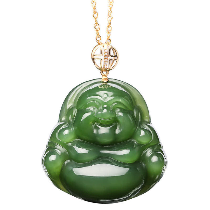 925 Sterling Silver Laughing Buddha Hetian Cyan Jade 18K Gold Success Necklace Chain Pendant - image 9