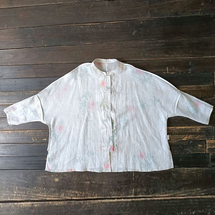 Buddha Stones White Red Flowers Green Leaves Frog-Button Long Sleeve Ramie Linen Jacket Shirt