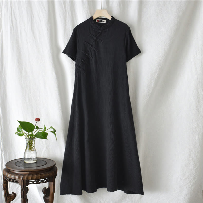 Buddha Stones Frog-Button Midi Dress Cotton Linen Short Sleeve Dress With Pockets