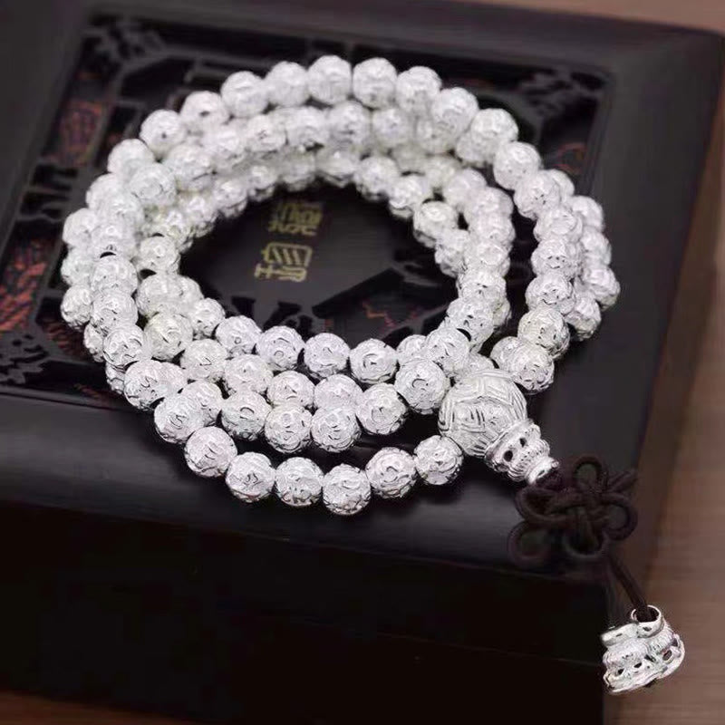 Buddha Stones Tibetan Om Mani Padme Hum Carved Alloy Beads Amulet Bracelet - Silver - 8mm*108 Beads - image 19