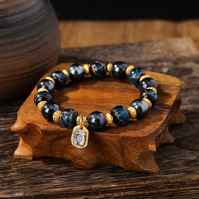 Buddha Stones Tibetan Zakiram Goddess of Wealth Liuli Glass Incense Ash Porcelain Bead Luck Bracelet - Blue Liuli Glass Bead - 14mm - image 2