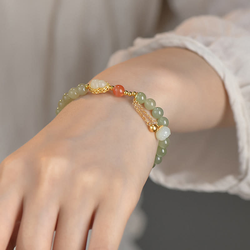 925 Sterling Silver Hetian Jade Gourd Lotus Abundance Luck Bracelet - image 7