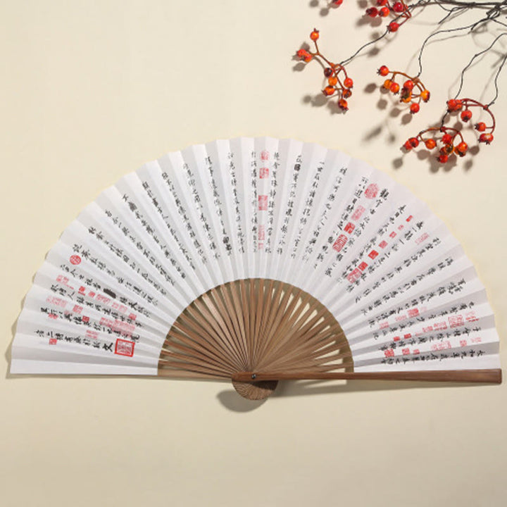 Buddha Stones Pine Tree Garden Peony Handheld Paper Bamboo Folding Fan 26cm