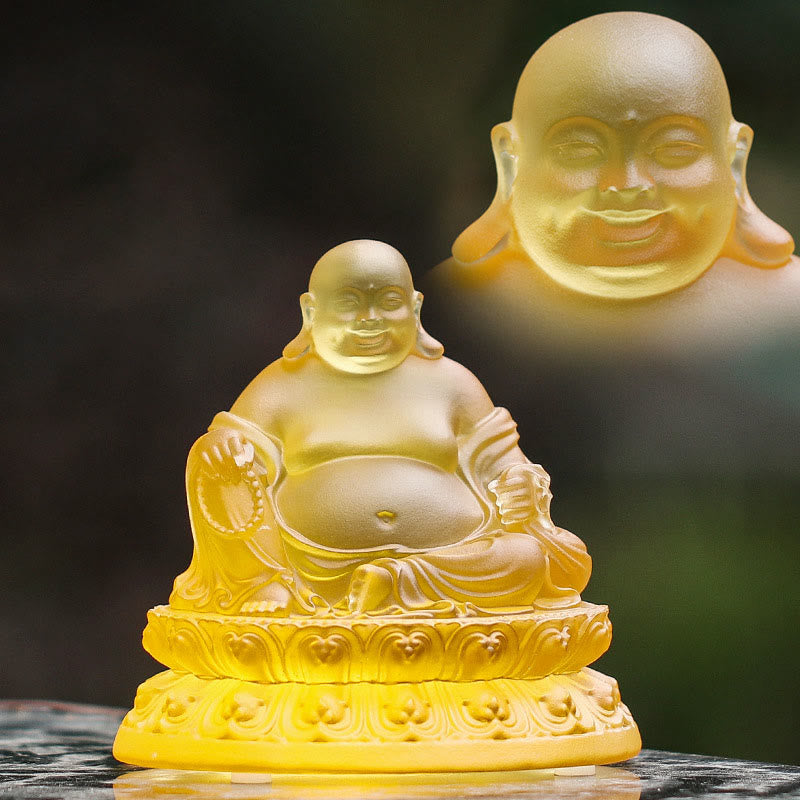 Buddha Stones Handmade Laughing Buddha Figurine Liuli Crystal Art Piece Wealth Statue Home Decoration - Small 10.2*8.5*10.5cm - image 0