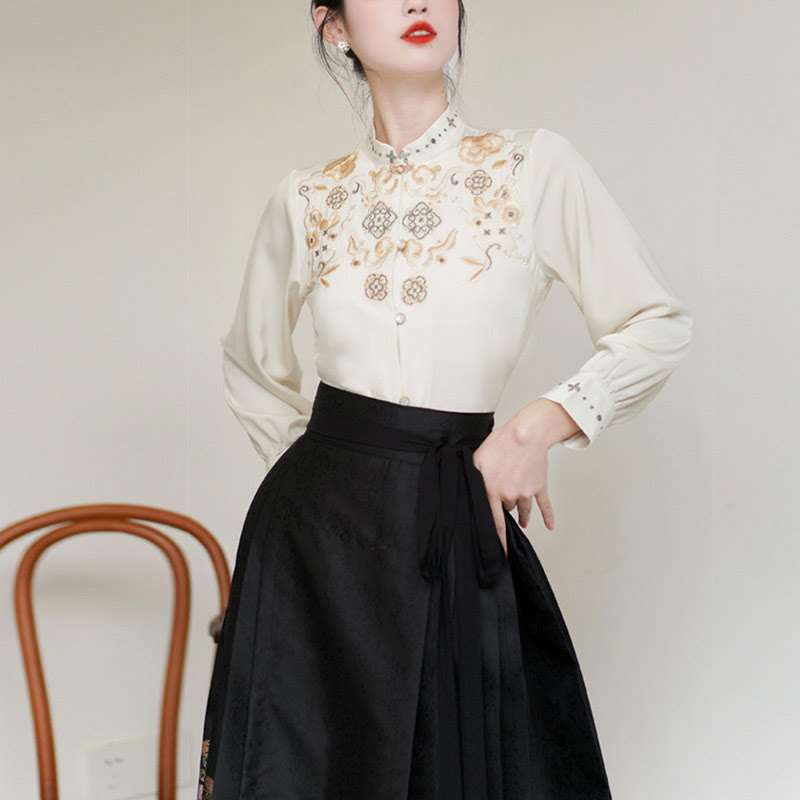 Buddha Stones Long Sleeve Shirt Embroidery Top Chinese Hanfu Phoenix Horse Face Skirt Mamianqun