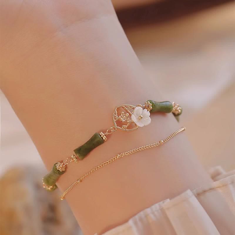 Buddha Stones 14k Gold Plated Copper Peridot Bamboo Flower Wealth Double Layer Bracelet