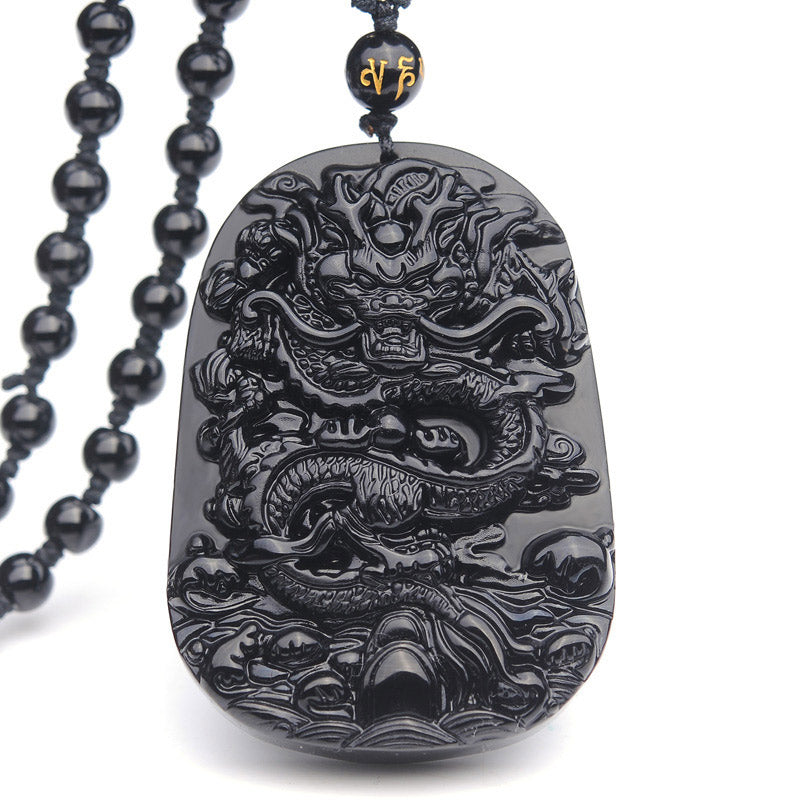 Buddha Stones Black Obsidian Stone Dragon Fulfilment Pendant Necklace - Obsidian - image 1