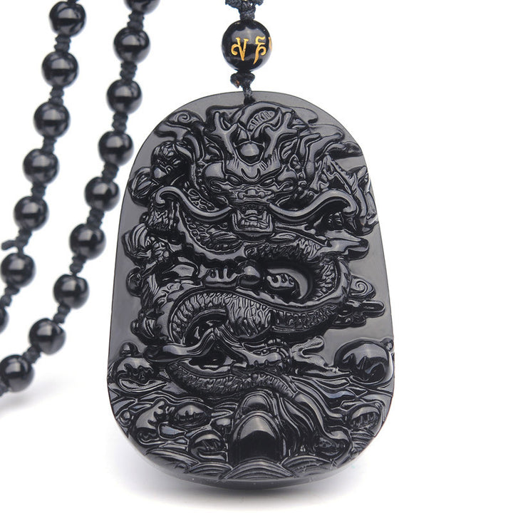 Buddha Stones Black Obsidian Stone Dragon Fulfilment Pendant Necklace - Obsidian - image 1