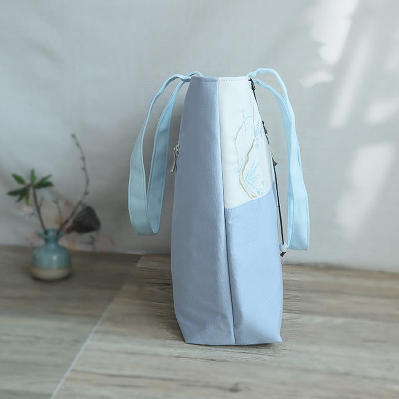 Pear Flower Plum Peach Blossom Bamboo Embroidery Canvas Large Capacity Shoulder Bag Tote Bag - image 15