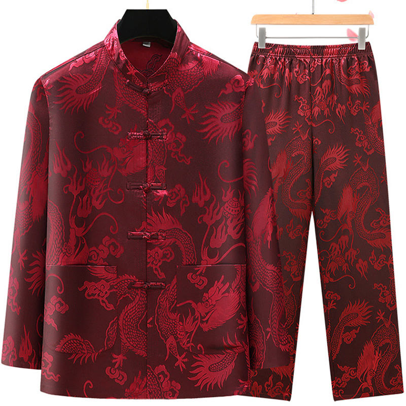 Buddha Stones Tang Suit Men Hanfu Chinese Dragon Traditional Clothes Kung Fu Shirt Uniform Long Sleeved Coat Tops and Pants Clothing Men's Set - image 15