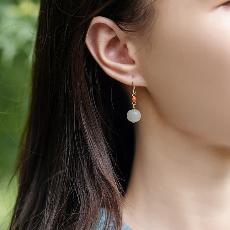 Buddha Stones 925 Sterling Silver Plated 14k Gold Hetian Jade Red Agate Luck Drop Dangle Earrings - image 6