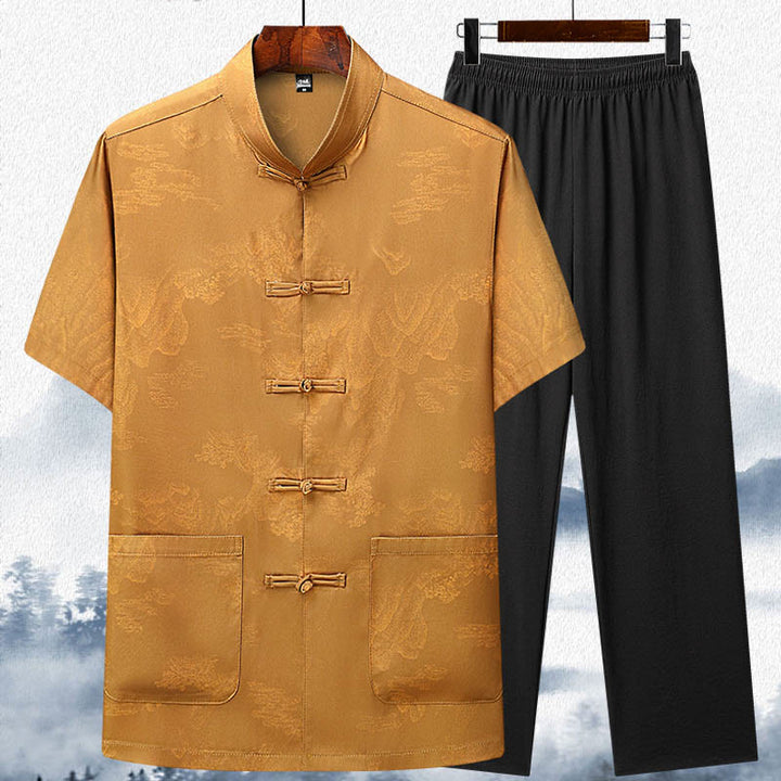 Buddha Stones Mountains Trees Tang Suit Hanfu Traditional Uniform Short Sleeve Top Pants Clothing Men's Set