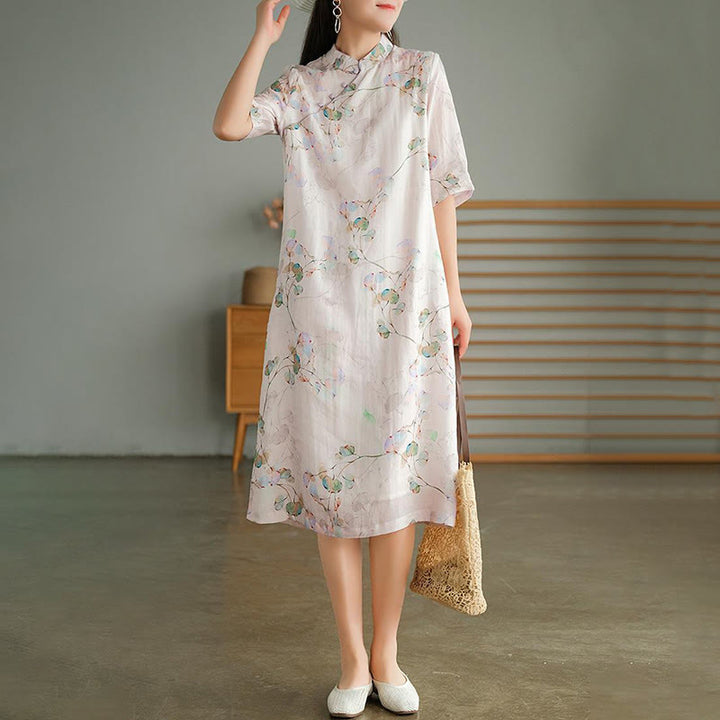 Buddha Stones Frog-button Leaves Branches Midi Dress Cotton Linen Short Sleeve Dress With Pockets