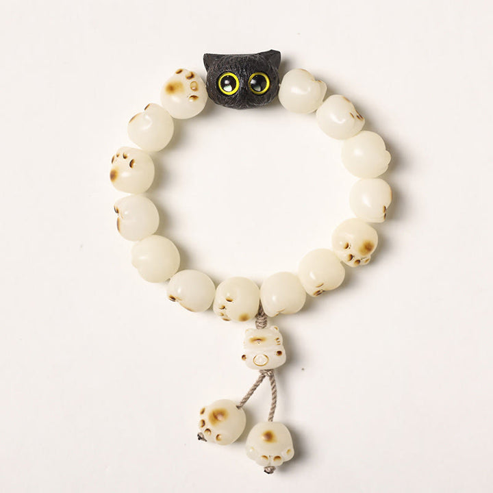Buddha Stones Natural Bodhi Seed Lovely Paw Ebony Wood Lucky Cat Wisdom Bracelet - White Bodhi Seed - Tassel Version(Wrist Circumference 14-15cm) - image 18