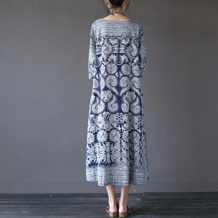 Buddha Stones Blue White Flower Printed Button Midi Dress Three Quarter Sleeve Cotton Linen Dress With Pockets