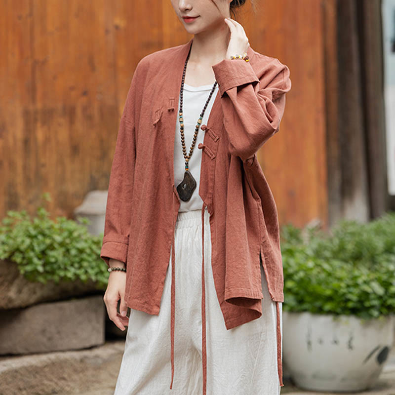 Buddha Stones Frog-Button Hanfu Design Shirt Top Ramie Linen Jacket