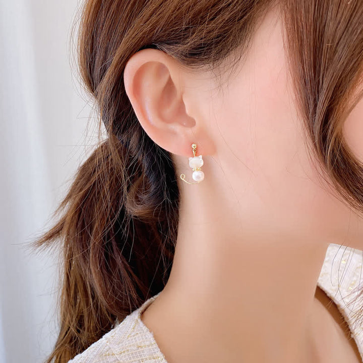 Buddha Stones Cute Cat Paw Pearl Wisdom Stud Drop Earrings - image 3