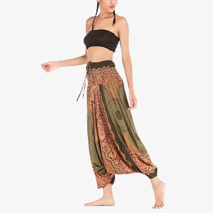 Buddha Stones Two Style Wear Round Geometric Pattern Loose Smocked Harem Trousers Jumpsuit High Waist Women's Yoga Pants