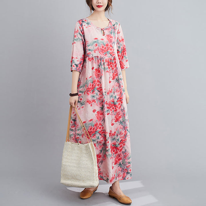 Buddha Stones Flowers Print Midi Dress Cotton Linen Tunic Dress With Pockets