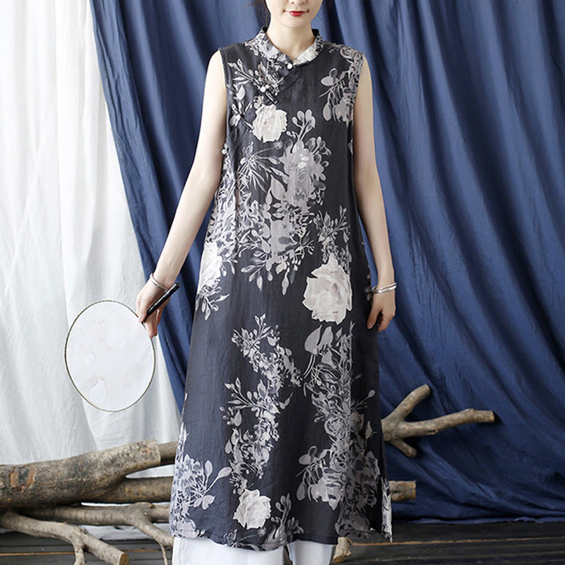 Buddha Stones Ancient Ramie Linen Flowers Printing Cheongsam Dresses Sleeveless Dress