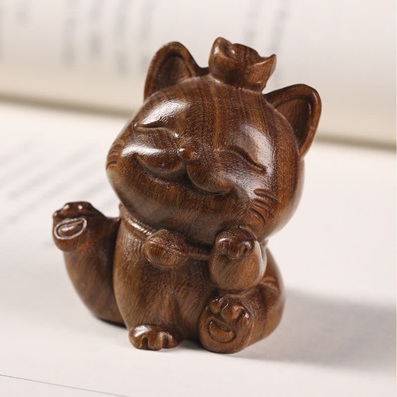 Buddha Stones Mini Green Sandalwood Ingot Lucky Cat Carved Peace Desk Decorations - image 4