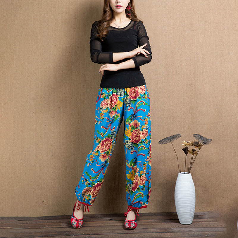 Buddha Stones Ethnic Style Red Green Flowers Print Harem Pants With Pockets