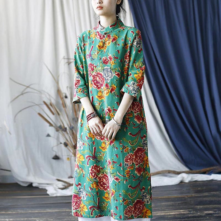 Buddha Stones Red Blue Peony Midi Dress Half Sleeve Cotton Linen Dress Wide Leg Pants With Pockets