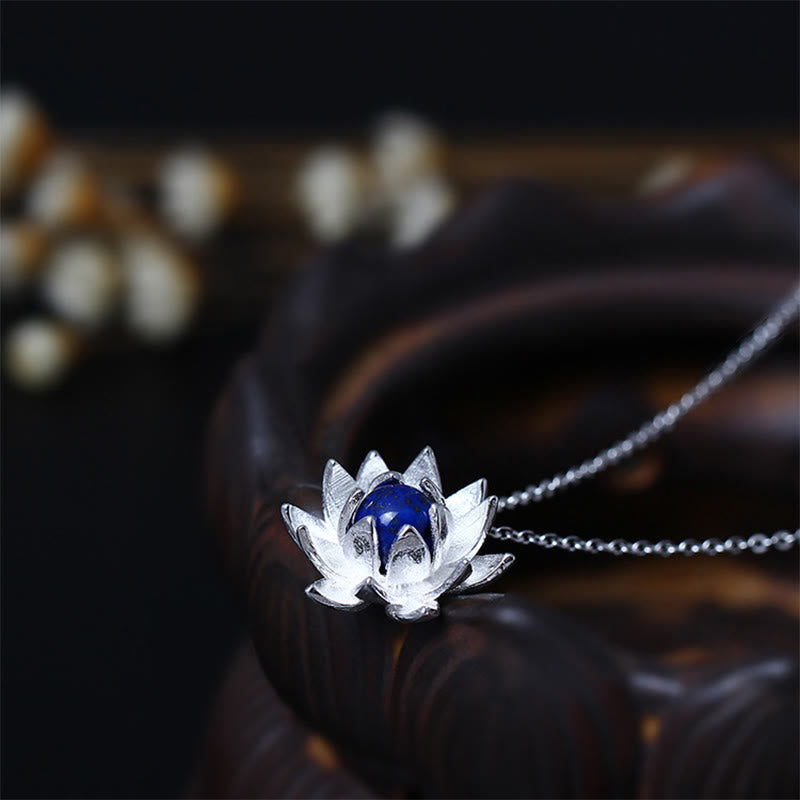 Buddha Stones 925 Sterling Silver Lazurite Lapis Lazuli Lotus Flower Self Care Necklace Pendant - 925 Sterling Silver&Lazurite - image 0
