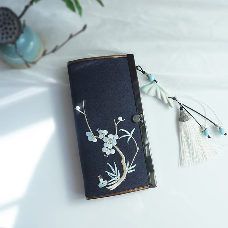 Flower Plum Peach Blossom Bamboo Double-sided Embroidery Large Capacity Cash Holder Wallet Shopping Purse - Navy Blue Plum Bamboo - image 22