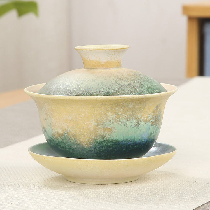 Buddha Stones Green Ocean Waves Design Porcelain Ceramic Gaiwan Sancai Teacup Kung Fu Tea Cup And Saucer With Lid - 9.5cm*8cm*150ml - image 0