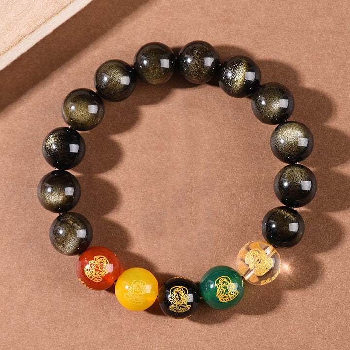 Buddha Stones Gold Sheen Obsidian Rainbow Obsidian Black Obsidian Five Directions Gods of Wealth Bracelet