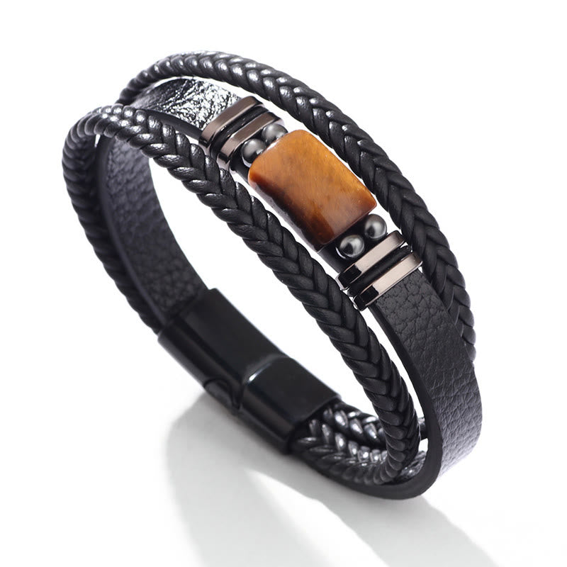 Buddha Stones Tiger Eye Power Magnetic Buckle Multilayered Leather Bracelet - One Tiger Eye Stone - 19-21cm - image 0